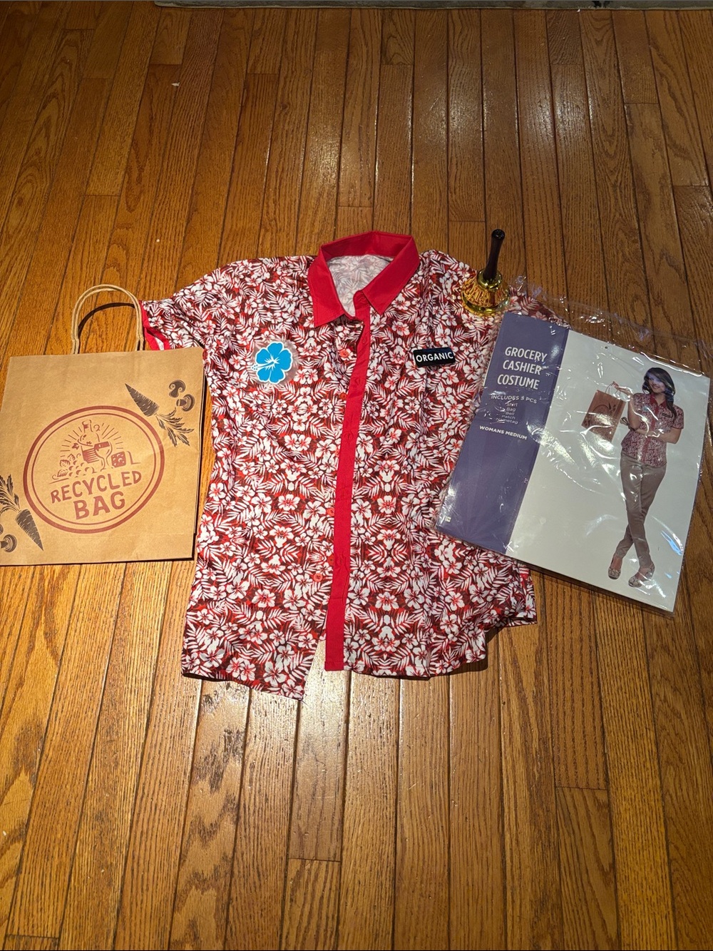Grocery Cashier Costume 5 Piece Set. Shirt, Bag, Bell, Patch, Nametag